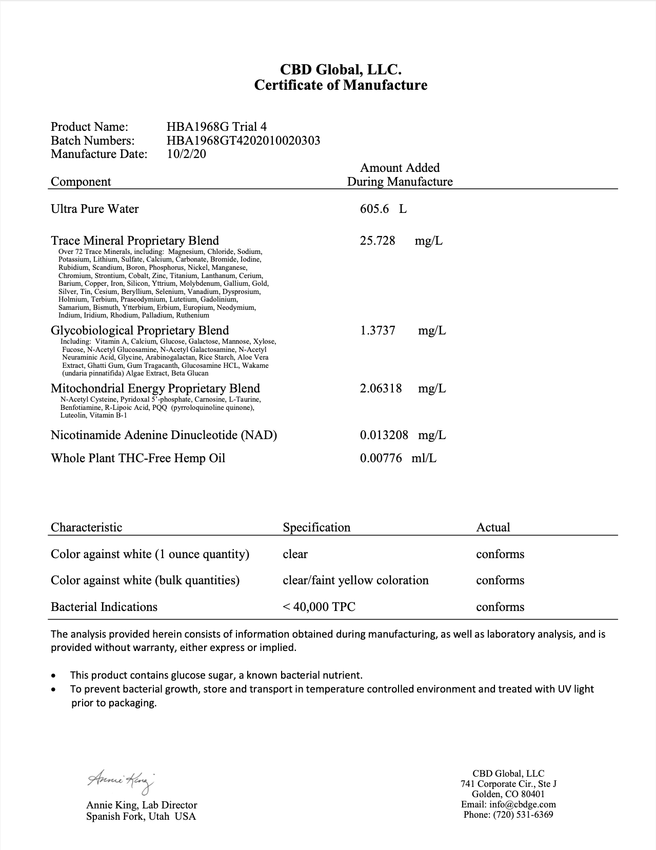 Certificate of Manufacture